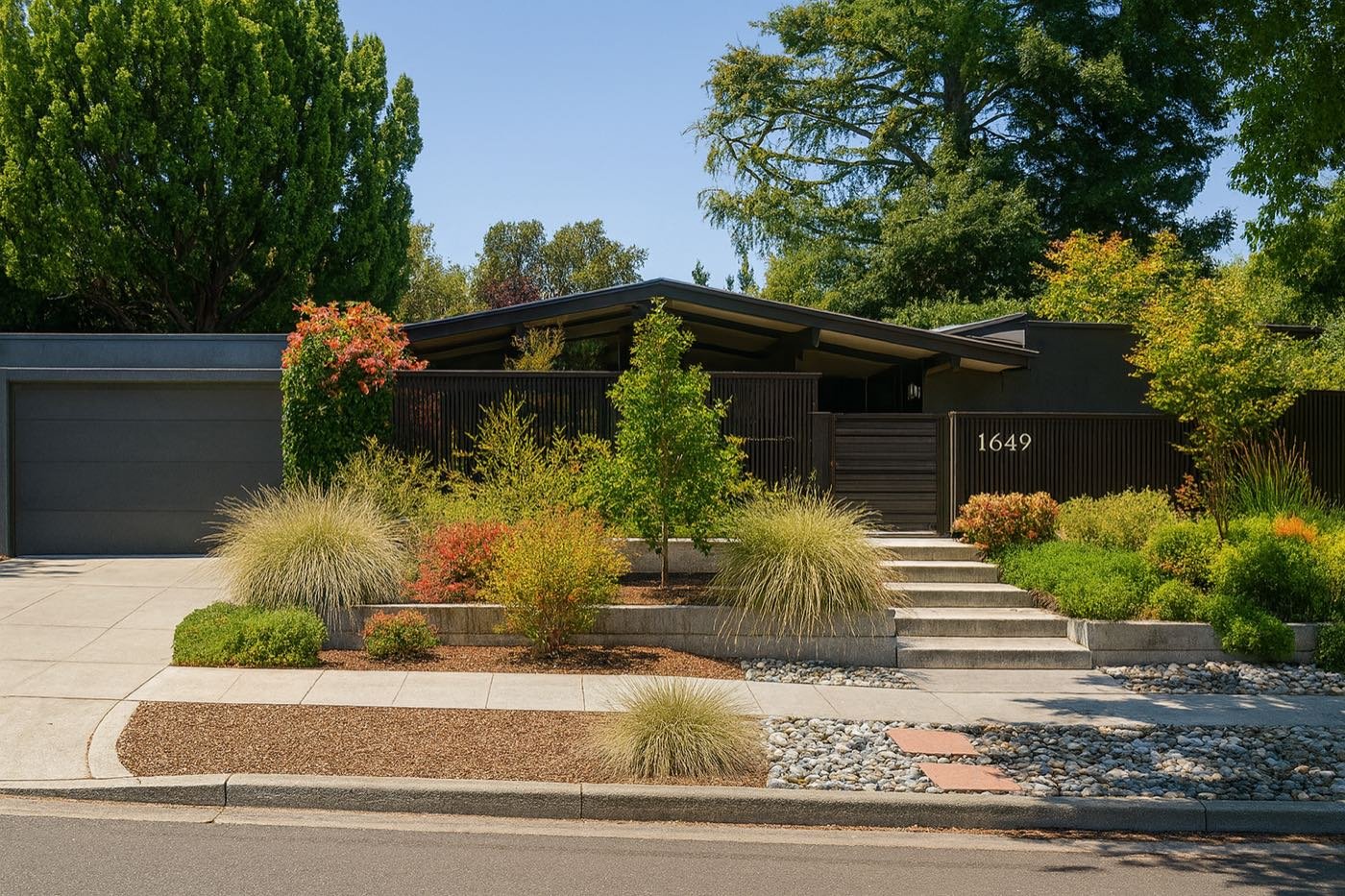 A dark-stained Eichler with a low roofline set behind layered mid-century planting, Fairhaven, Sunnyvale