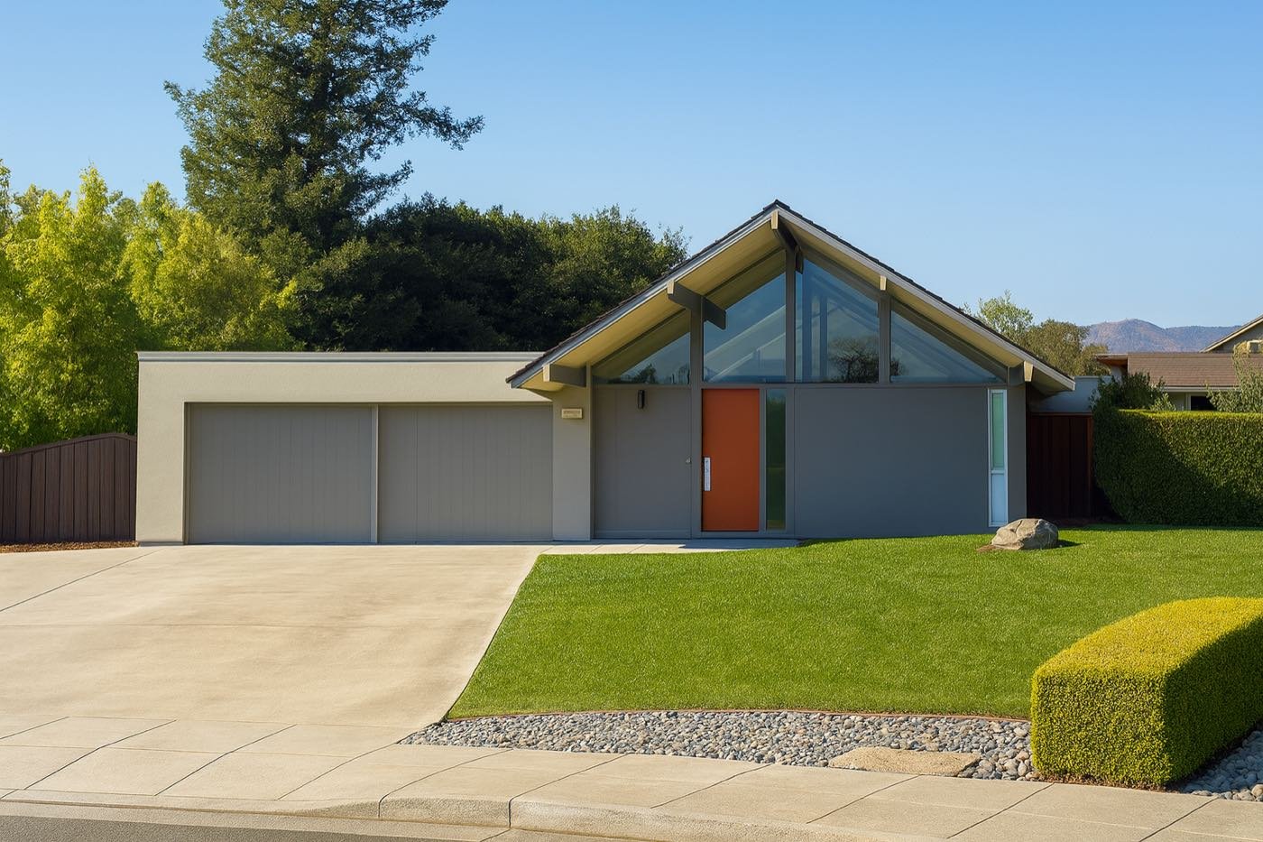 A grey gabled Eichler with a clerestory glass peak in Fairwood Estates, Sunnyvale