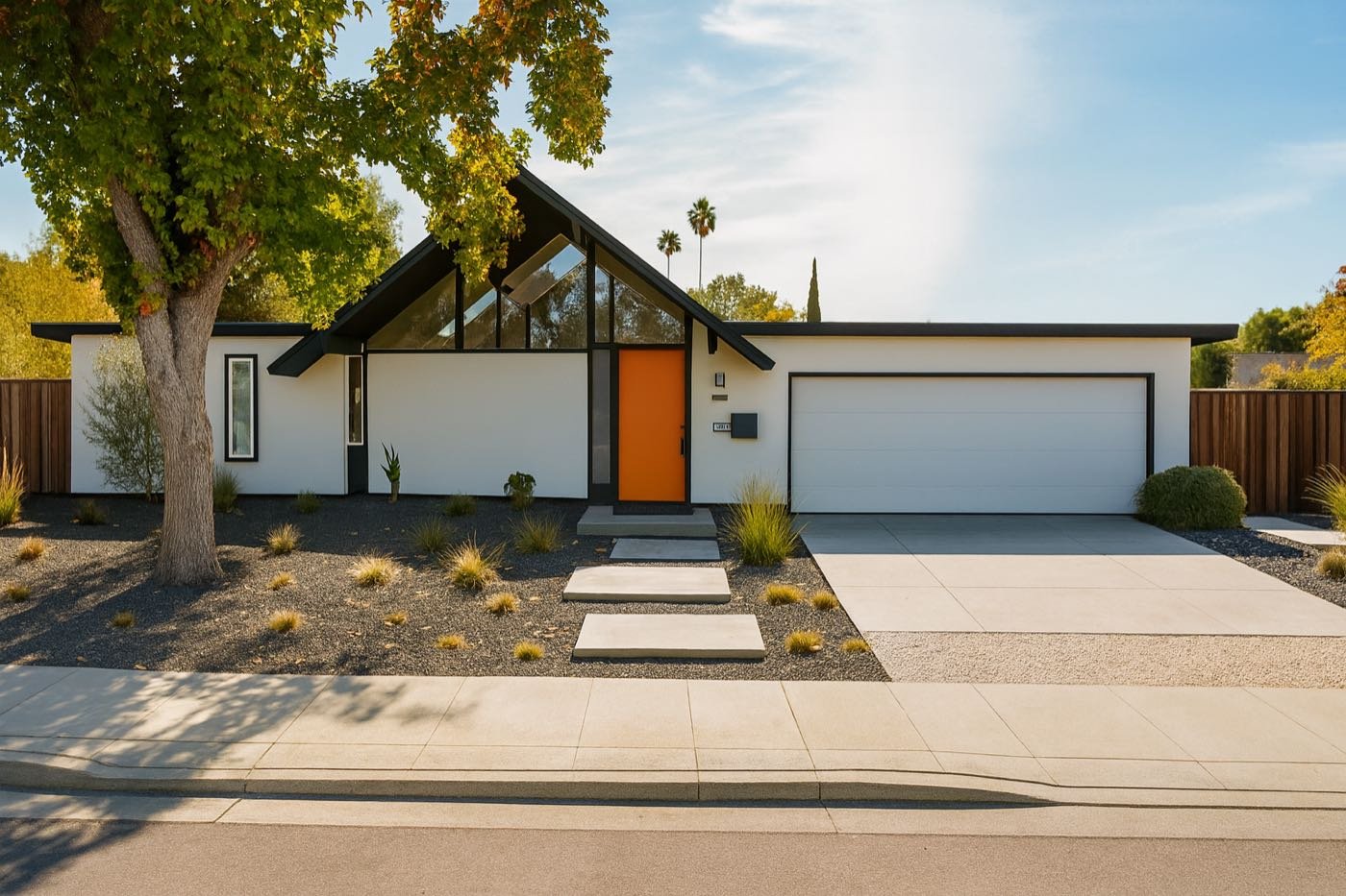 A Sunnyvale Eichler at golden hour — glass gable, low eaves, and a mature street tree